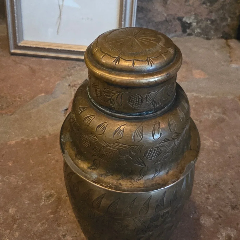 Vintage Etched Brass Martini Shaker Floral Hand Engraved 3 Piece Cobbler Shaker